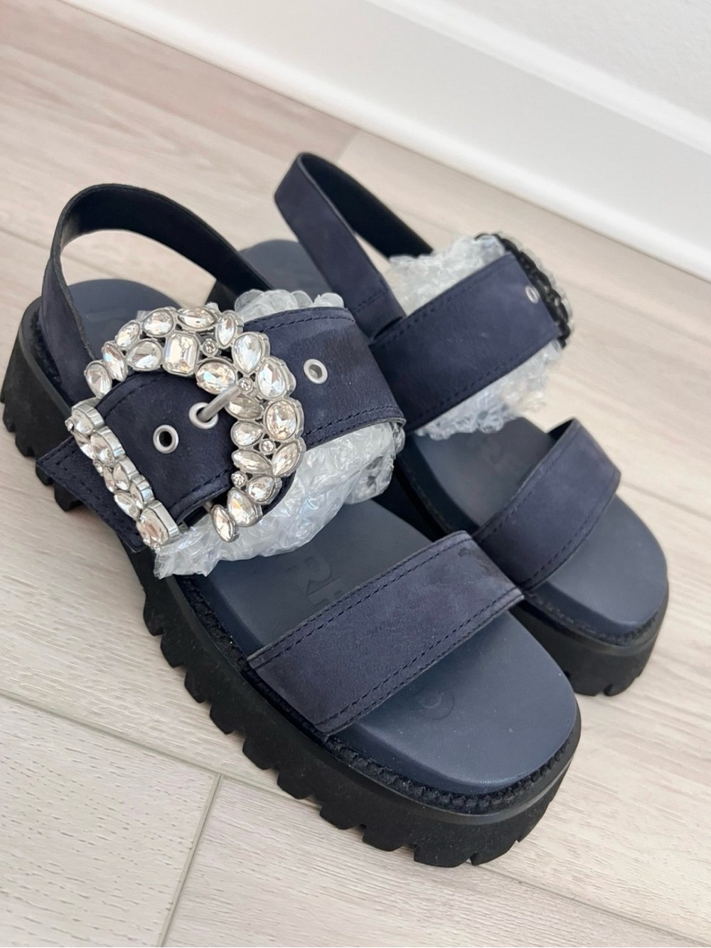 Karl Lagerfeld Embellished Navy Platform Slingback Sandals